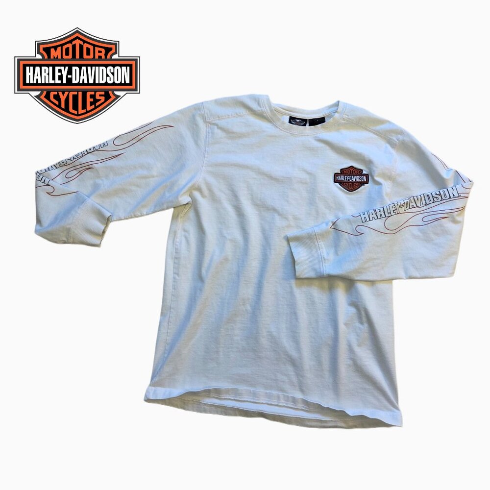 Harley-Davidson Heavyweight Long Sleeve Tee – White, Flames & Logo Design